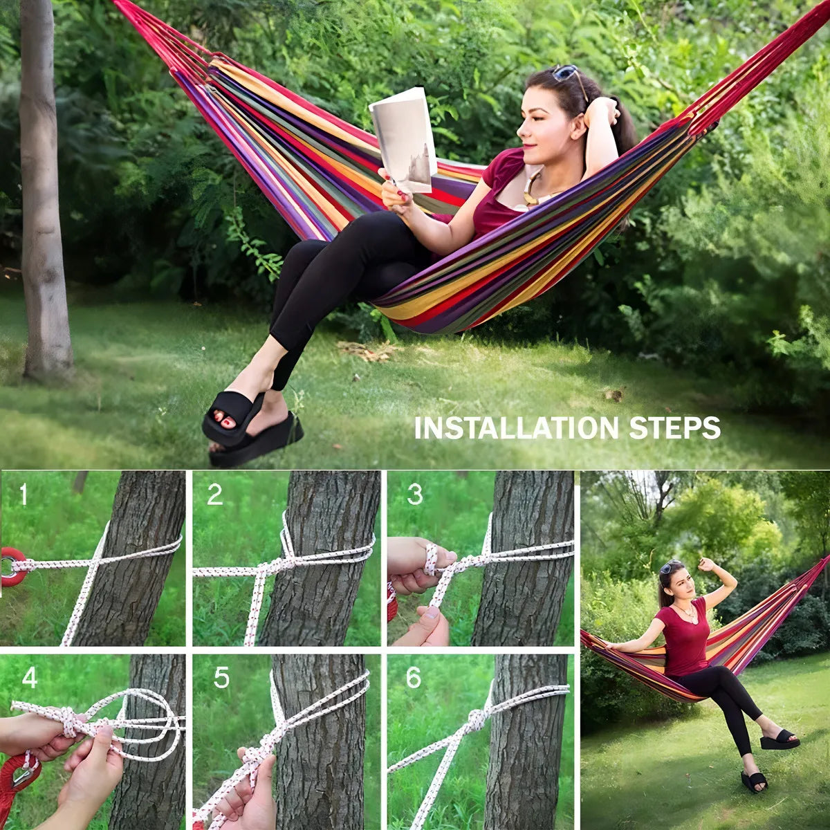 ⭐Hamaca 100% Algodón 1 Plaza Colgante, 80x190cm, Hasta 100kg, Color Rojo Muticolor⭐