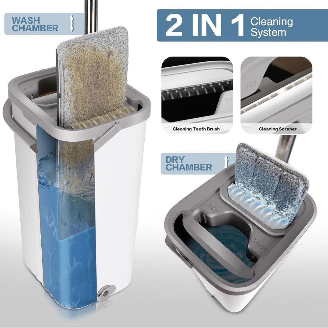 ⭐️Set trapeador 2 almohadillas, mopa plana de microfibra con cubo estrujador⭐️