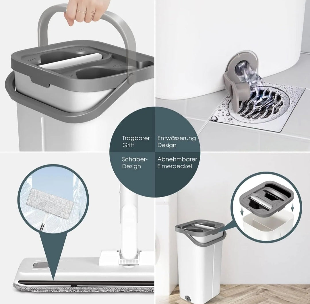 ⭐️Set trapeador 2 almohadillas, mopa plana de microfibra con cubo estrujador⭐️